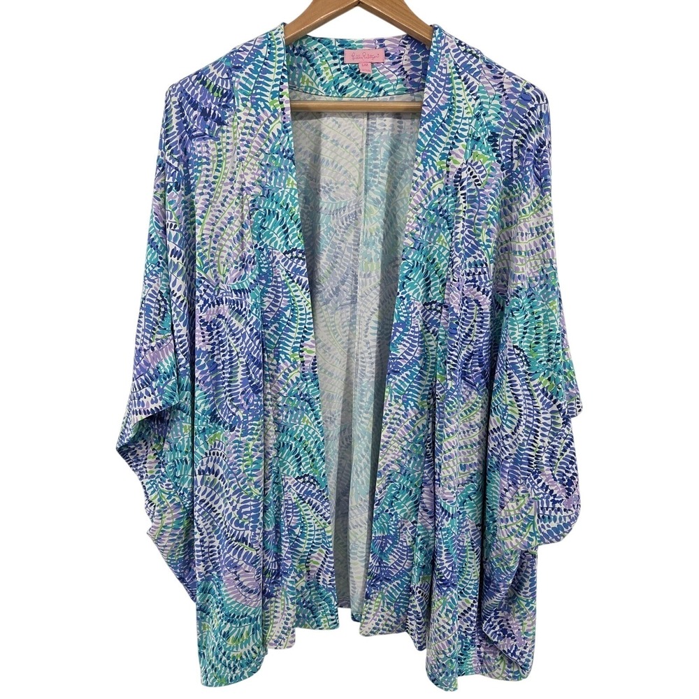Lilly‎ Pulitzer Bondi Blue Kimono Cardigan Draped Open Front Cover Vacation S/M